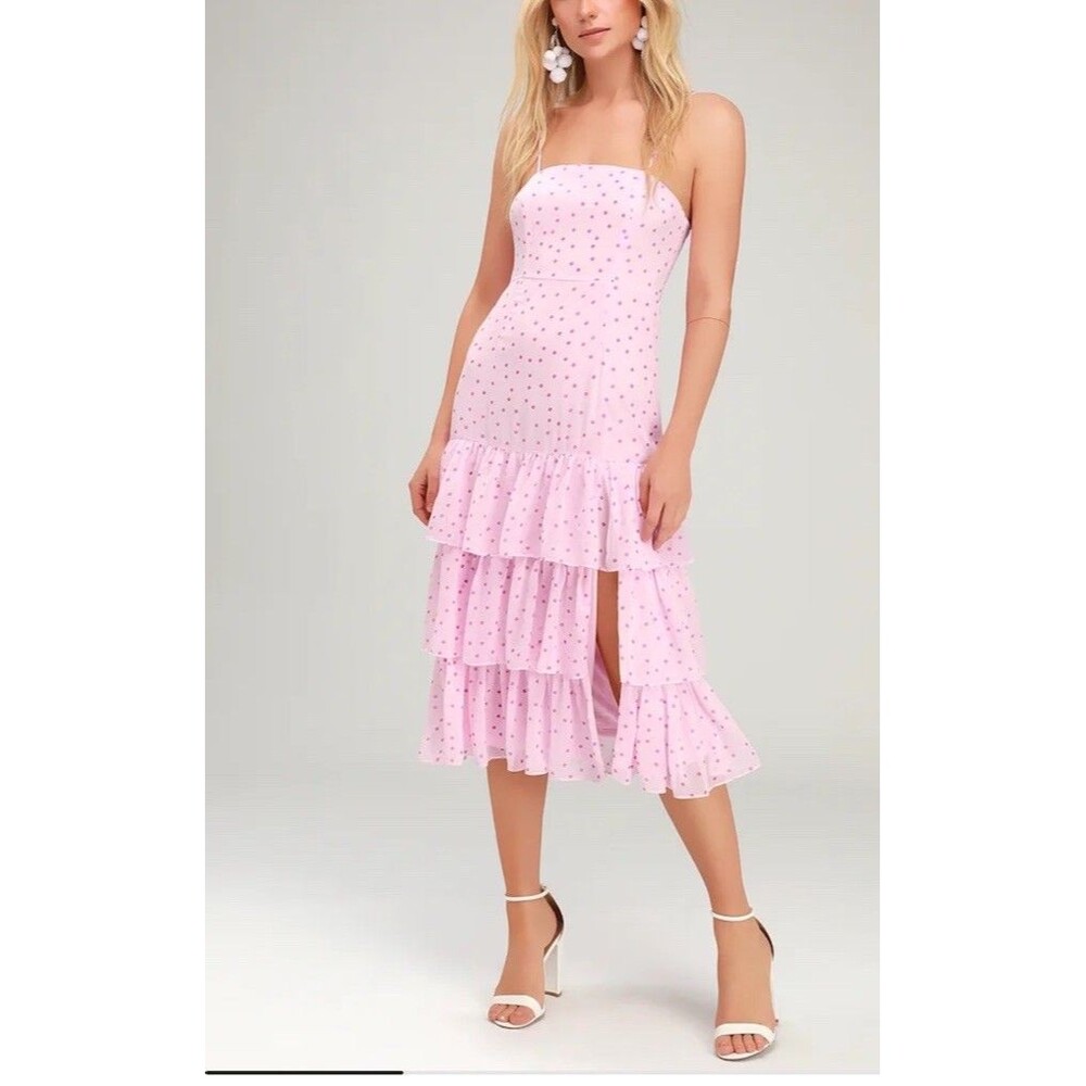 Lulus Nellie Pink Polka Dot Tiered Ruffle Sleeveless Midi Dress Extra Small New